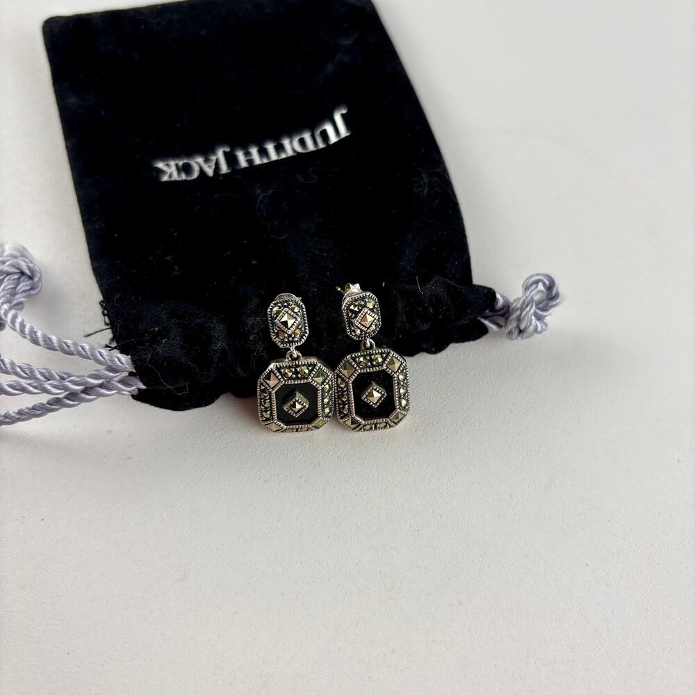 Judith Jack Marcasite Sterling Drop Dangle Earrings Black Art Deco Geometric